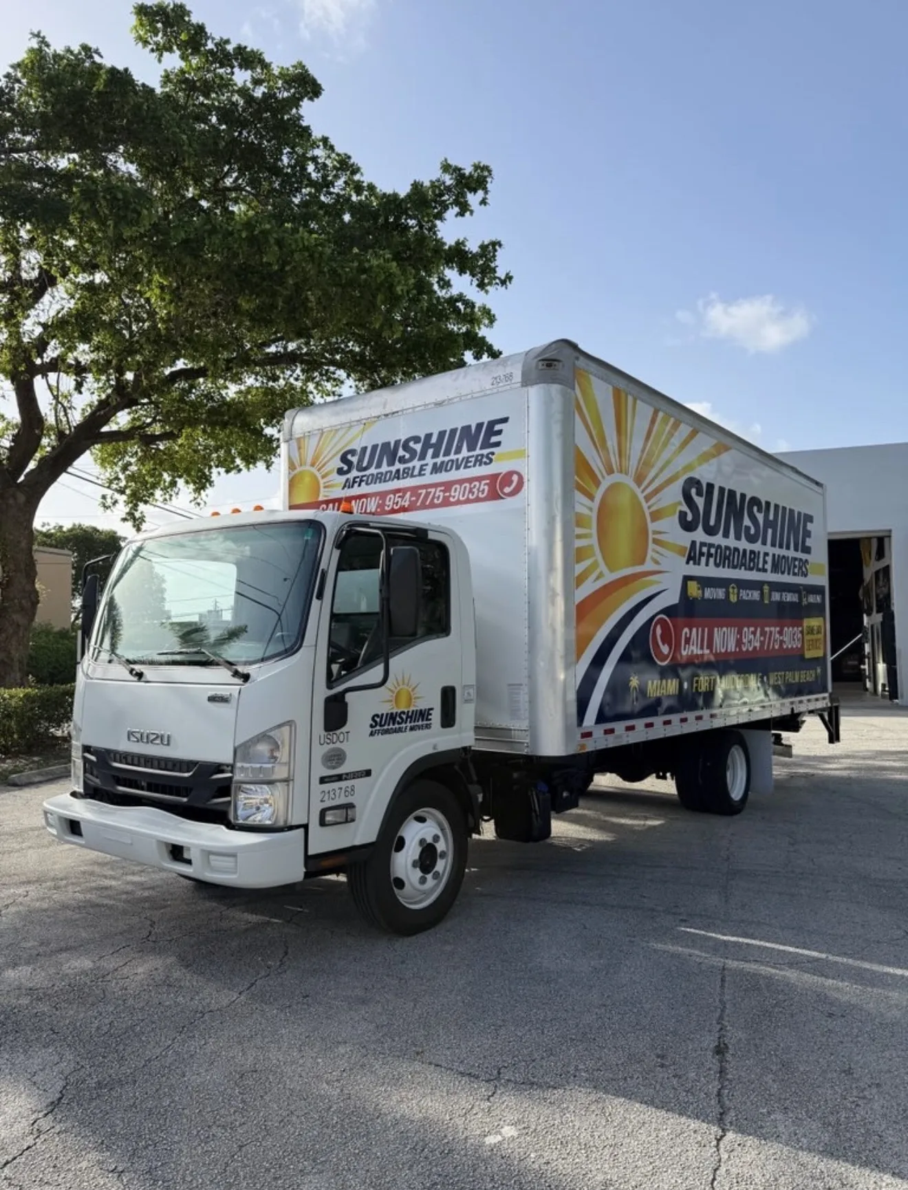 Sunshine Affordable Movers cab-over box truck ready for a residential move.