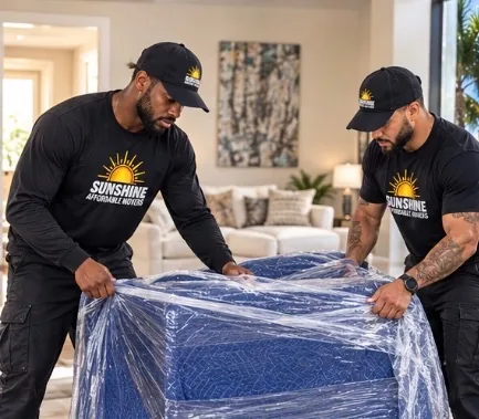 Two Sunshine Affordable Movers movers wrapping furniture in plastic inside a home.